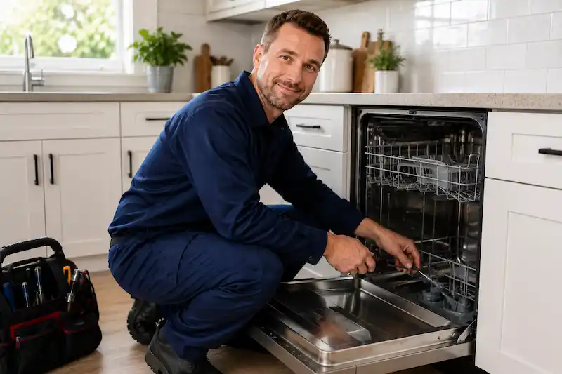 Dishwasher repair technician at work